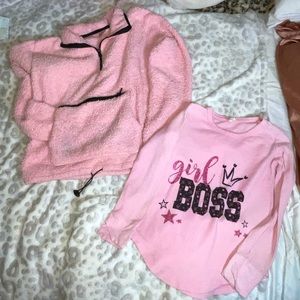 2pc*pink black Sherpa zipper pull over with pocket & thermal girl boss pink